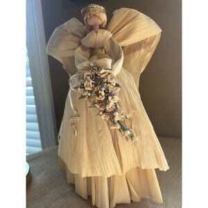 Large Corn Husk Angel with Floral Bouquet--Wedding?--American Folk Art